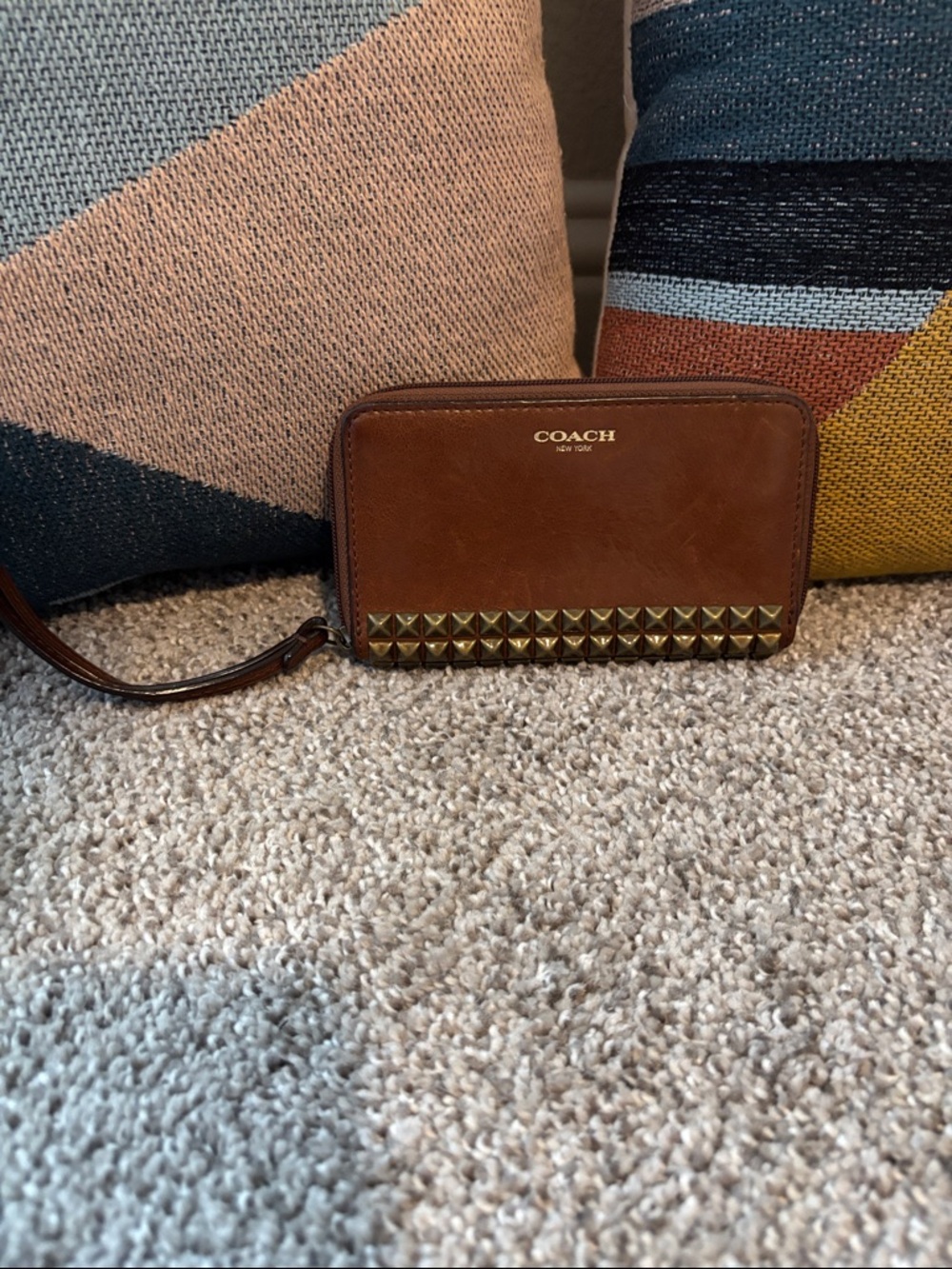 Coach Brown Leather Wristlet with Gold Stud Accents